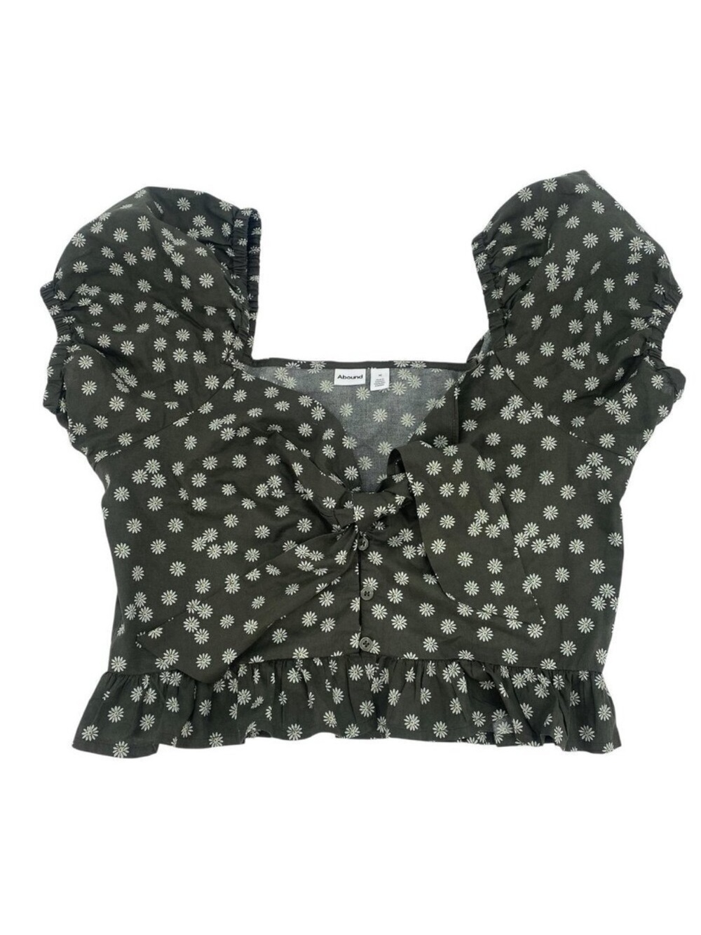 Abound Size M Puff Sleeve Tie Front Top in Olive Sarma Cropped Cotton